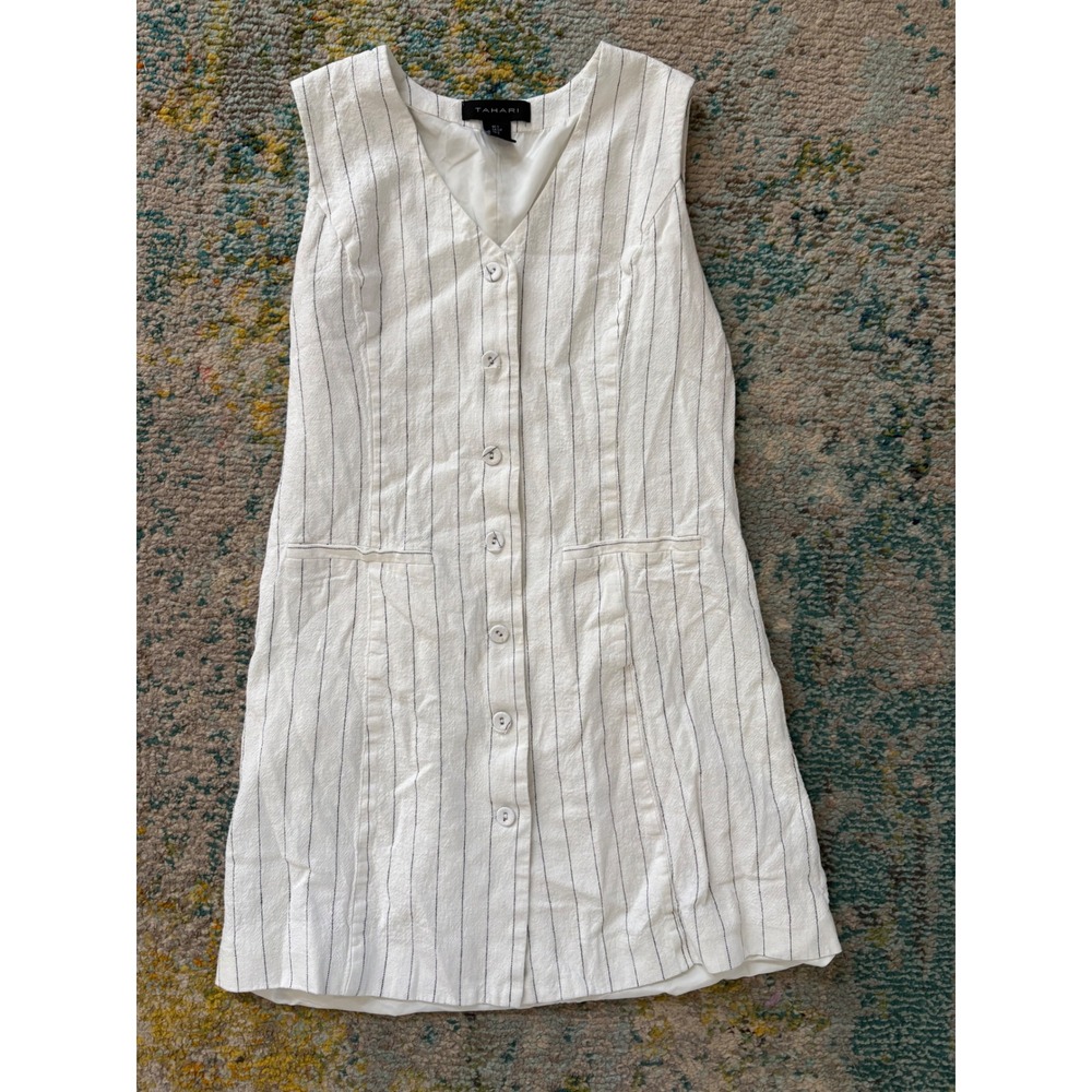 Tahari Womens White Pinstripe Sleeveless Button Front Mini Dress Size S